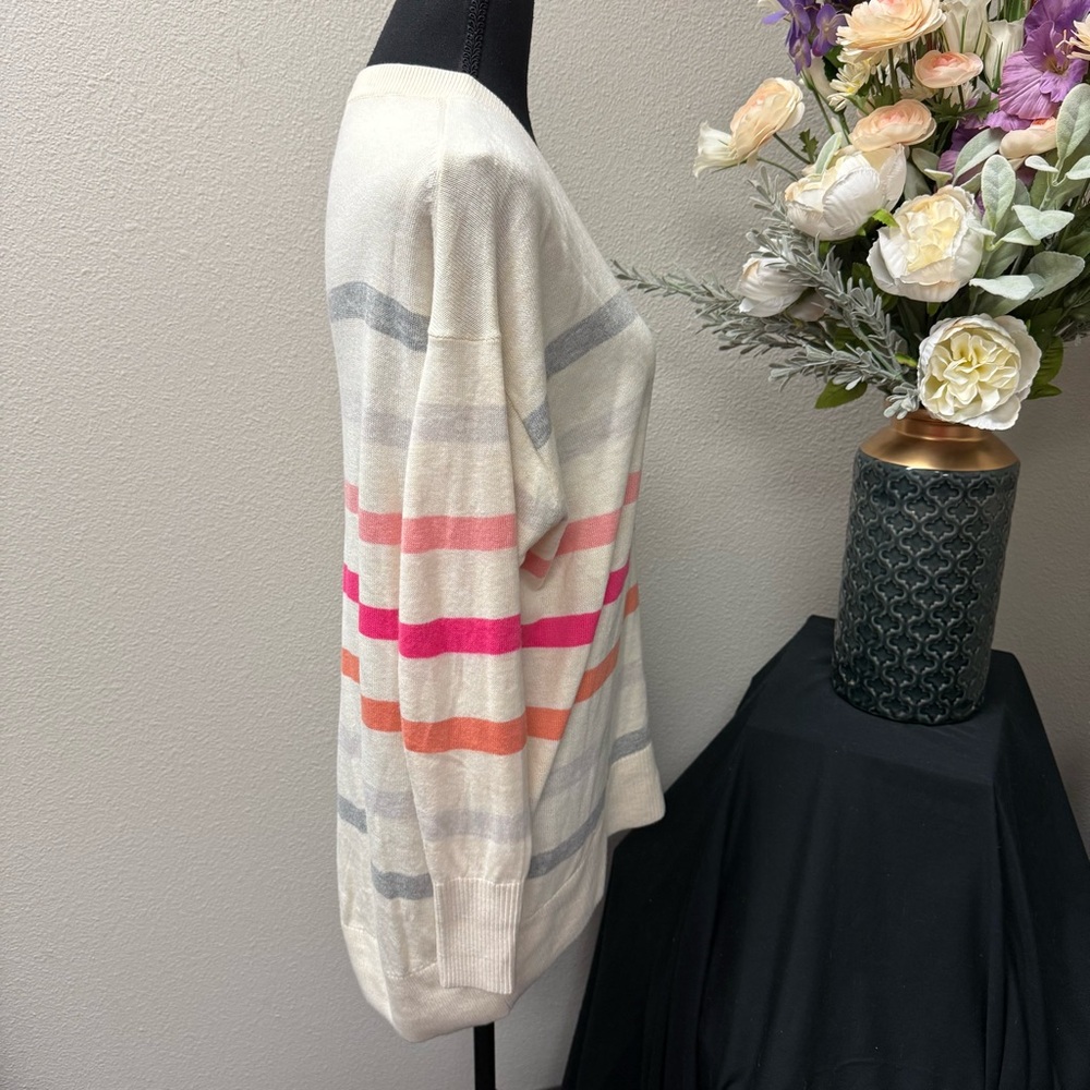 LOFT Cream Multicolor Stripe V-Neck Sweater S Soft Lightweight Knit Spring - Picture 4 of 7